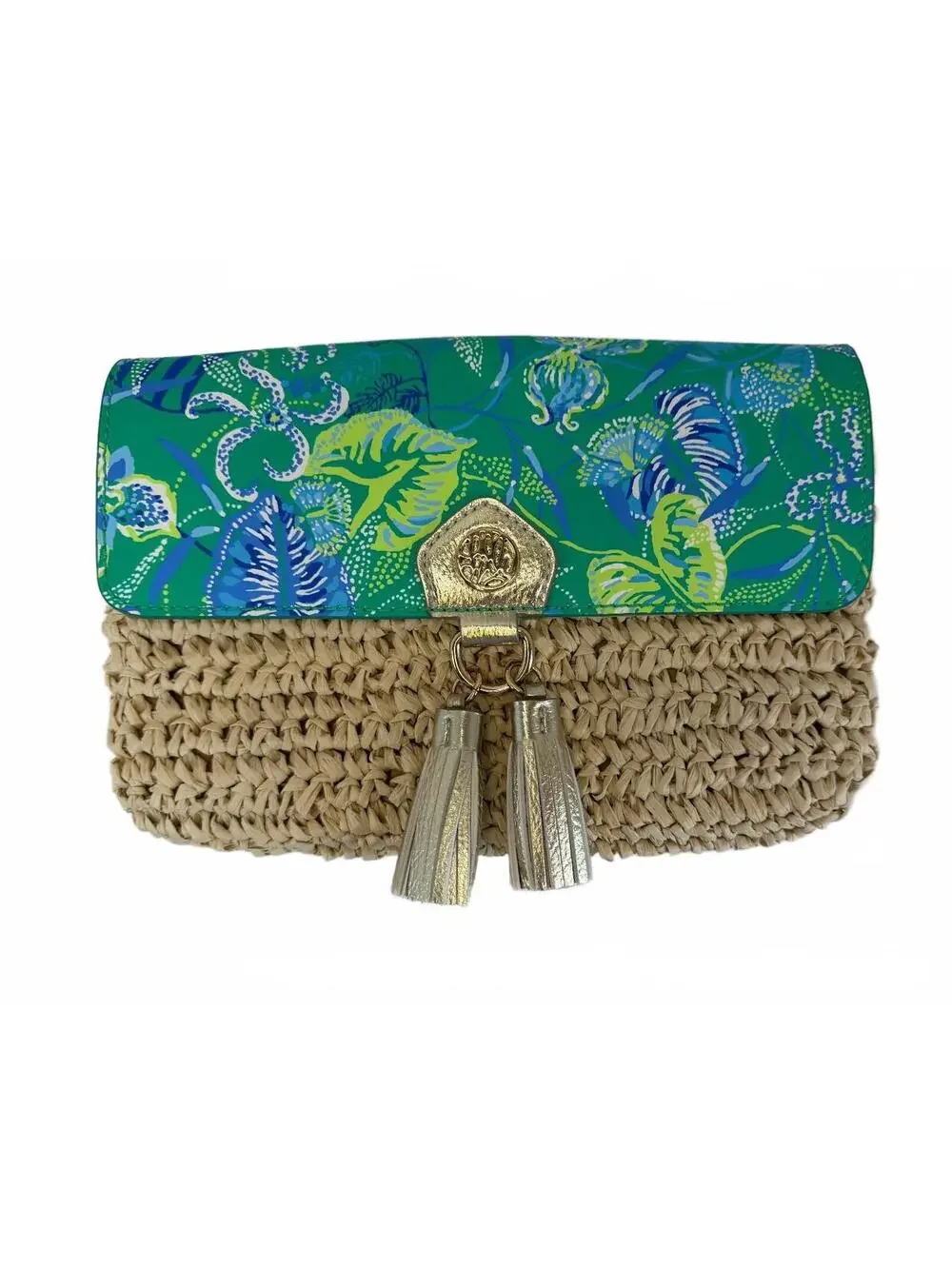 Lilly Pulitzer | Woven Straw Floral Leather Crossbody Bag | Gold Tassels